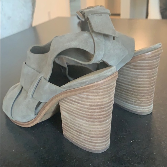 Taupe Suede Marc Fisher Stacked Heel Wrap Sandals - Picture 2 of 6